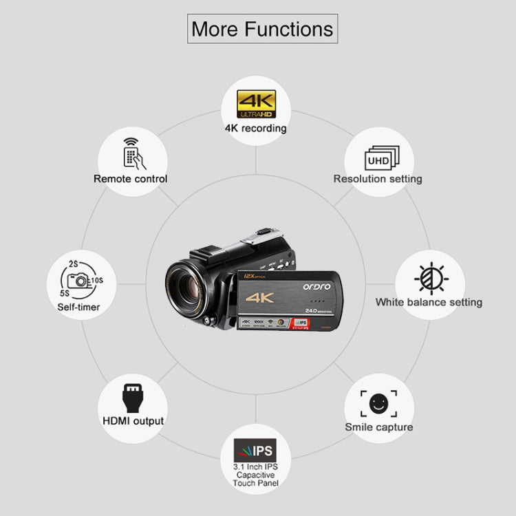 ORDRO AC5 4K HD Night Vision WiFi 12X Optical Zoom Digital Video DV Camera Camcorder, Style:Standard+  Microphone + Fill Light(Black) - Video Cameras by ORDRO | Online Shopping UK | buy2fix