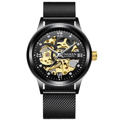 FNGEEN 6018 Men Automatic Mechanical Watch Waterproof Luminous Diamond Double-Sided Hollow Watch(Black Mesh Belt Black Surface) - Alloy Watches by FNGEEN | Online Shopping UK | buy2fix