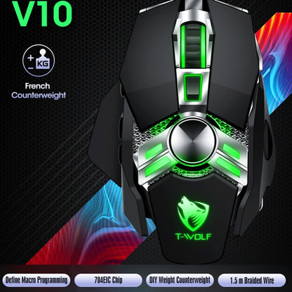 T-WOLF V10 USB Interface 7 Buttons 6400 DPI Gaming Wired Mouse Custom Macro Programming 4-Color Breathing Light Gaming Mouse, Cable Length: 1.5m(Gun Color) - Wired Mice by T-WOLF | Online Shopping UK | buy2fix