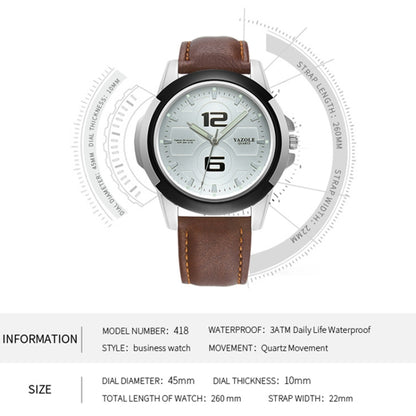 YAZOLE 418 Sports Watch Casual Fashion Luminous Men Quartz Watch(White Tray Dark Brown Belt) - Leather Strap Watches by YAZOLE | Online Shopping UK | buy2fix