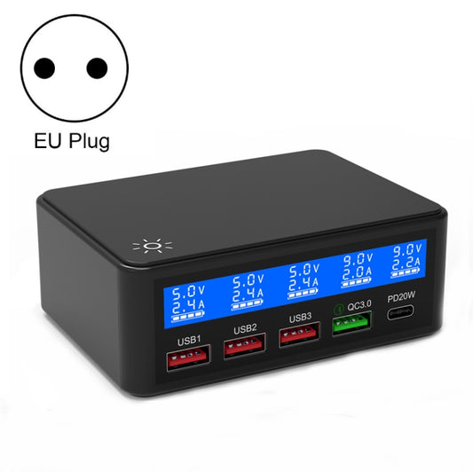 618 QC3.0 + PD20W + 3 x USB Ports Charger with Smart LCD Display, EU Plug (Black) - Multifunction Charger by buy2fix | Online Shopping UK | buy2fix