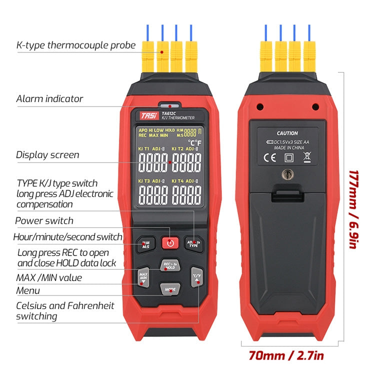 TASI Contact Temperature Meter K-Type Thermocouple Probe Thermometer, Style: TA612C 4 Channels - Thermostat & Thermometer by TASI | Online Shopping UK | buy2fix