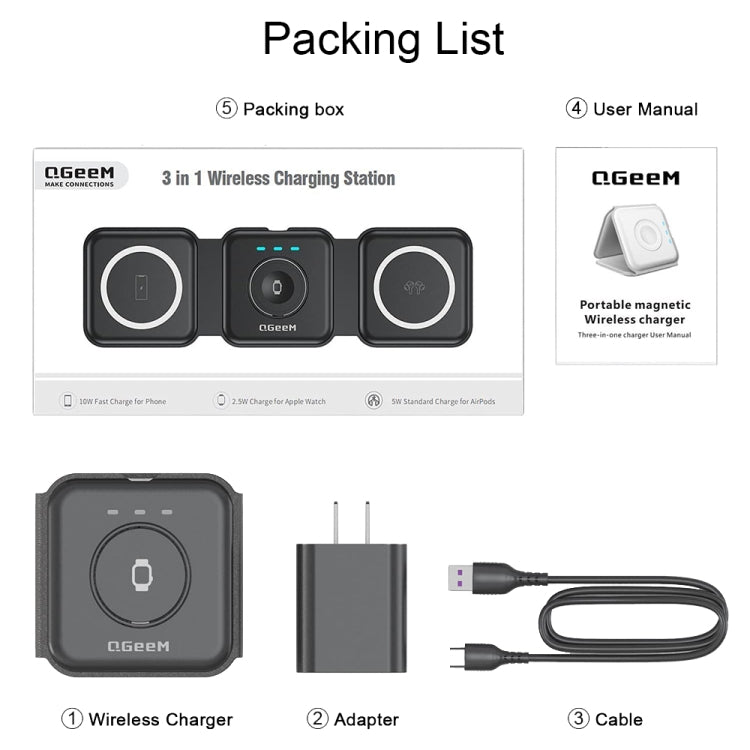 QGeeM WC07 3 In 1 Foldable Magnetic Phone Wireless Charger, US Plug(Black) - Wireless Charger by QGeeM | Online Shopping UK | buy2fix