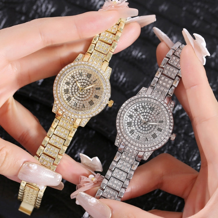 Full Diamond Roman Literal Steel Strap Quartz Watch, Color: Gold - Alloy Watches by buy2fix | Online Shopping UK | buy2fix