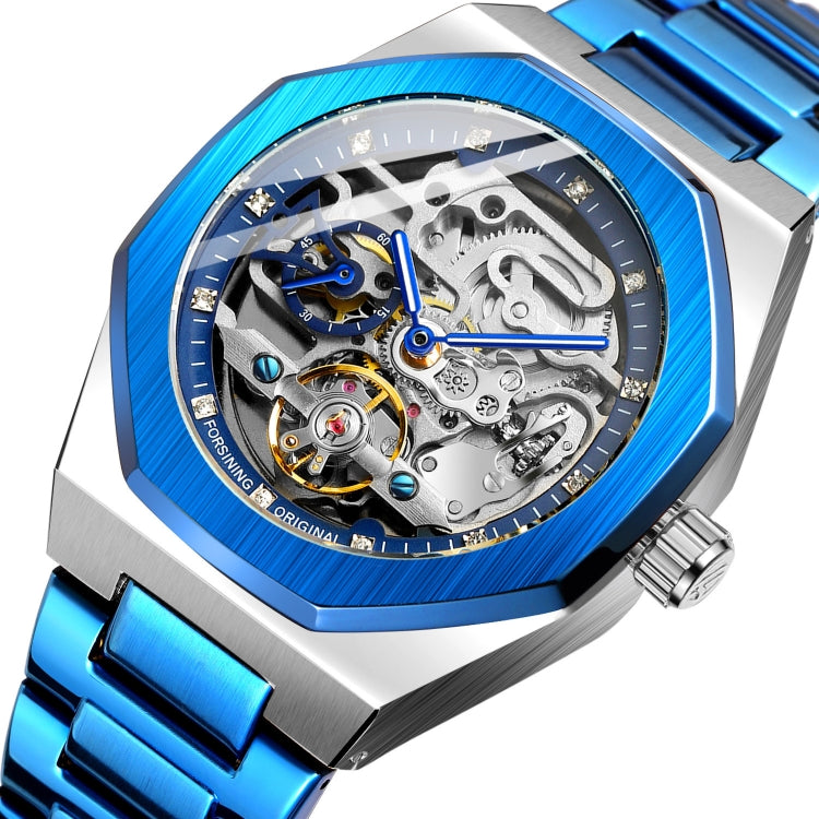 FORSINING F980 Luminous Three Eye Six Shot Weekly Steel Belt Men Fully Automatic Mechanical Watch(Blue Belt Blue Face) - Metal Strap Watches by FORSINING | Online Shopping UK | buy2fix