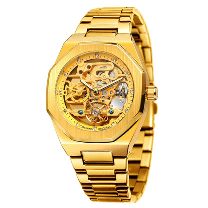 FORSINING F980 Luminous Three Eye Six Shot Weekly Steel Belt Men Fully Automatic Mechanical Watch(Gold Belt White Face) - Metal Strap Watches by FORSINING | Online Shopping UK | buy2fix