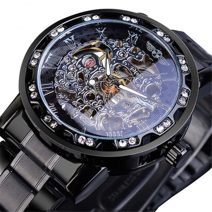 Winner Leisure Skeleton Diamond Luminous Pointer Watch Men Manual Mechanical Watch(Black Belt Black Shell Black Face) - Metal Strap Watches by Winner | Online Shopping UK | buy2fix