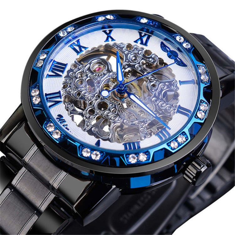 Winner Leisure Skeleton Diamond Luminous Pointer Watch Men Manual Mechanical Watch(Black Belt White Face Blue Word) - Metal Strap Watches by Winner | Online Shopping UK | buy2fix