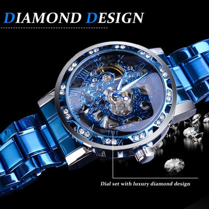 Winner Leisure Skeleton Diamond Luminous Pointer Watch Men Manual Mechanical Watch(Blue Belt Silver Shell Blue Face) - Metal Strap Watches by Winner | Online Shopping UK | buy2fix