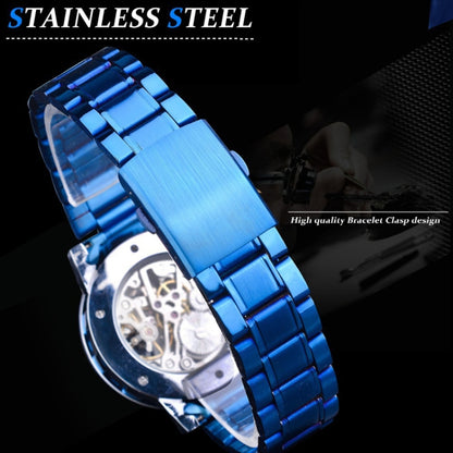 Winner Leisure Skeleton Diamond Luminous Pointer Watch Men Manual Mechanical Watch(Silver Belt Blue Circle Blue Face) - Metal Strap Watches by Winner | Online Shopping UK | buy2fix