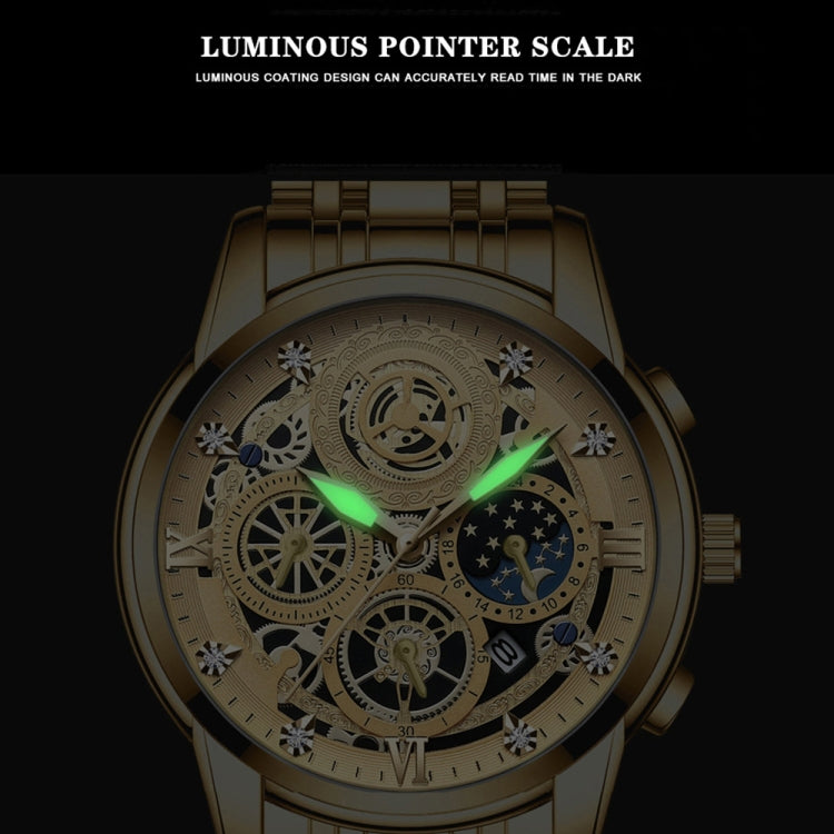 BINBOND 4010 Multifunctional Waterproof Hollowed Luminous Quartz Watch(Black Steel Black Surface) - Metal Strap Watches by BINBOND | Online Shopping UK | buy2fix
