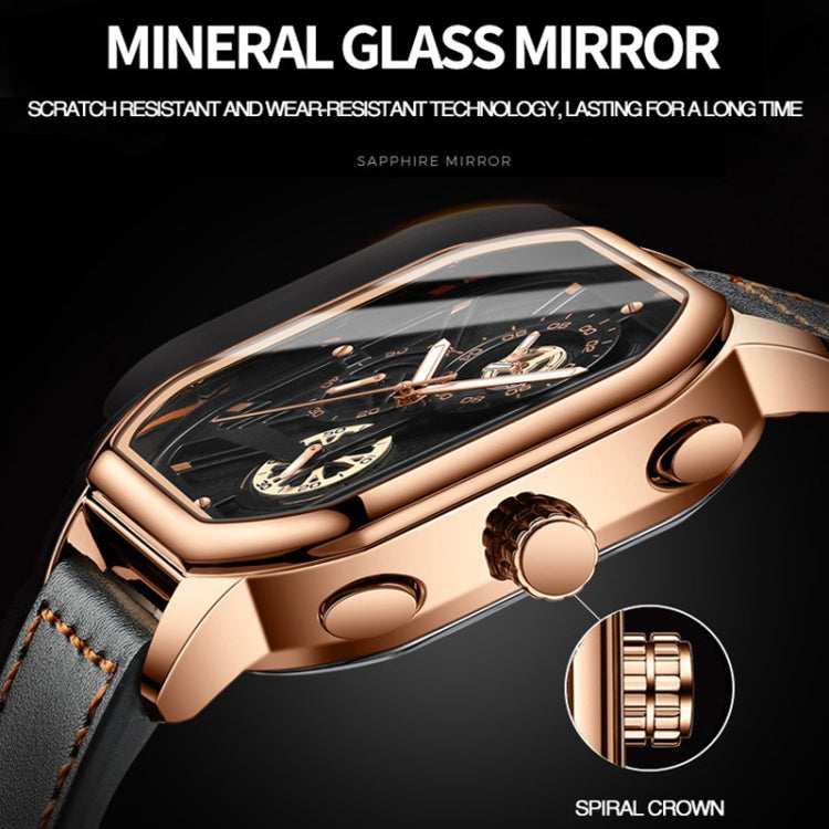 BINBOND B6577 30M Waterproof Luminous Square Quartz Watch, Color: Black Leather-Rose Gold - Leather Strap Watches by BINBOND | Online Shopping UK | buy2fix