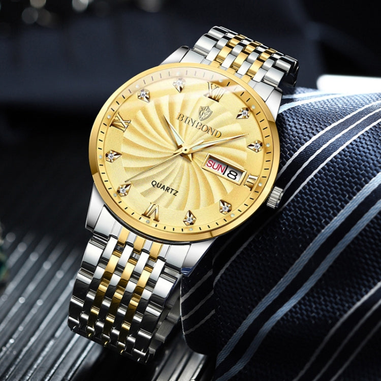 BINBOND B3034 Diamond 30m Waterproof Business Watch Men's Butterfly Buckle Luminous Quartz Watch(Inter-gold-Black) - Metal Strap Watches by BINBOND | Online Shopping UK | buy2fix
