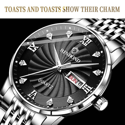 BINBOND B3034 Diamond 30m Waterproof Business Watch Men's Butterfly Buckle Luminous Quartz Watch(Inter-gold-White) - Metal Strap Watches by BINBOND | Online Shopping UK | buy2fix