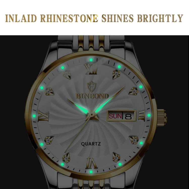 BINBOND B3034 Diamond 30m Waterproof Business Watch Men's Butterfly Buckle Luminous Quartz Watch(Inter-gold-Black) - Metal Strap Watches by BINBOND | Online Shopping UK | buy2fix