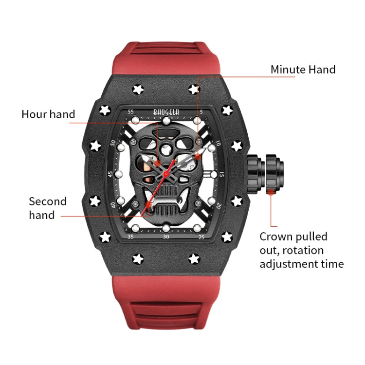 BAOGELA 224141 Hollow Skull Luminous Sports 304 Stainless Steel Silicone Men Watch(Black Shell Black Face Red Belt) - Silicone Strap Watches by BAOGELA | Online Shopping UK | buy2fix