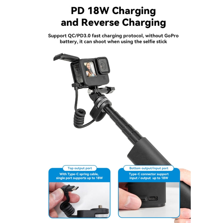 TELESIN Charging Selfie Stick 10000mah Power Bank Universal For Sports Camera & Smart Phone - Extendable Pole by TELESIN | Online Shopping UK | buy2fix