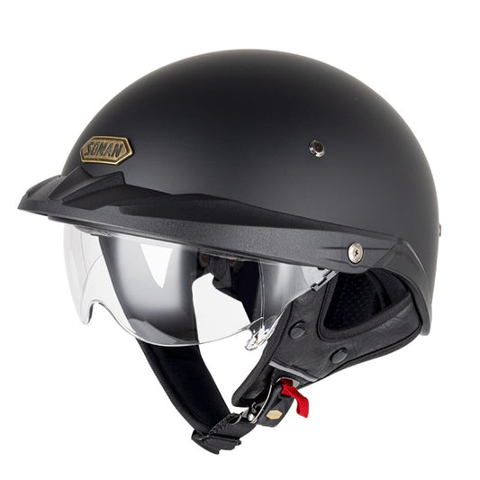 SOMAN Motorcycle Half Helmet Adjustable Helmet With Inner Mirror, Size: M(Matte Black with Transparent Mirror) - Helmets by SOMAN | Online Shopping UK | buy2fix