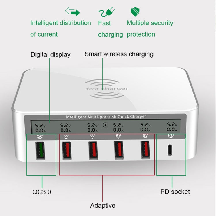 818PF 5 USB Ports + Type-C Smart Digital Display Wireless Phone Charger, Style: US Plug (Black) - Multifunction Charger by buy2fix | Online Shopping UK | buy2fix