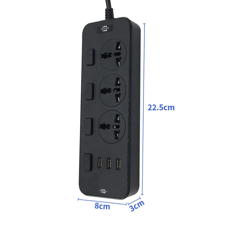 T14 2m 2500W 3 Plugs + 3-USB Ports Multifunctional Socket With Switch, Specification: US Plug (Black) - Extension Socket by buy2fix | Online Shopping UK | buy2fix