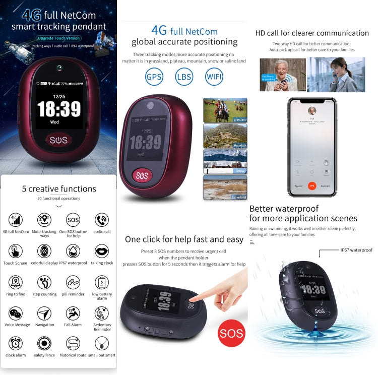 REACHFAR RF-V45-B Mini Touch Screen GPS Smart Tracker Pendant, Support SOS / Camera / Health Management / Video Calling / 4G LTE, For North America / South America(Wine Red) - Personal Tracker by REACHFAR | Online Shopping UK | buy2fix