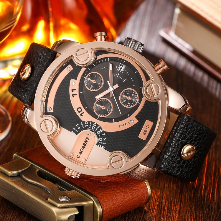 CAGARNY 6819 Fashionable Multifunctional Dual Time Zone Quartz Business Sport Wrist Watch with Leather Band & GMT Time & Calendar & Luminous Display for Men(Rose Gold Case) - Leather Strap Watches by CAGARNY | Online Shopping UK | buy2fix